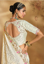 Monjolika Fashion Surpassing Off white Embroidery Cut Dana Moti Work Georgette Saree | Grocsy