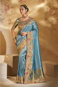 Monjolika Fashion Surpassing Sky blue Embroidery Cut Dana Moti Work Ziraf Silk Saree With Heavy Work Blouse Piece | Grocsy