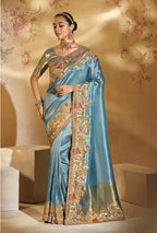 Monjolika Fashion Surpassing Sky blue Embroidery Cut Dana Moti Work Ziraf Silk Saree With Heavy Work Blouse Piece | Grocsy