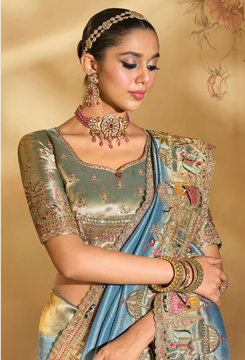 Monjolika Fashion Surpassing Sky blue Embroidery Cut Dana Moti Work Ziraf Silk Saree With Heavy Work Blouse Piece | Grocsy