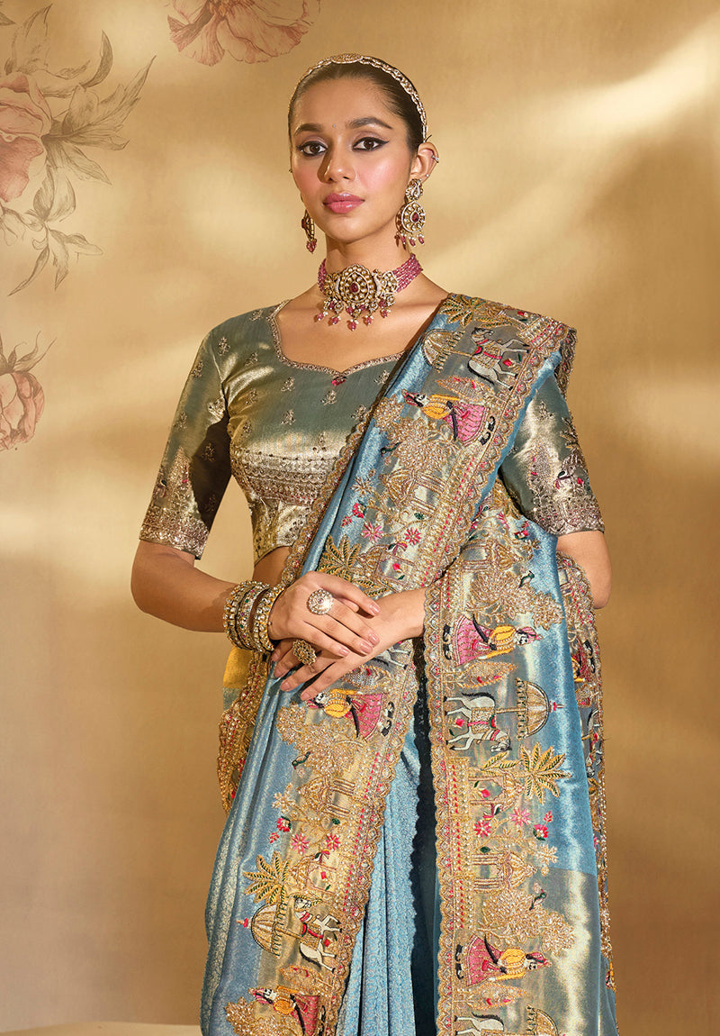 Monjolika Fashion Surpassing Sky blue Embroidery Cut Dana Moti Work Ziraf Silk Saree With Heavy Work Blouse Piece | Grocsy