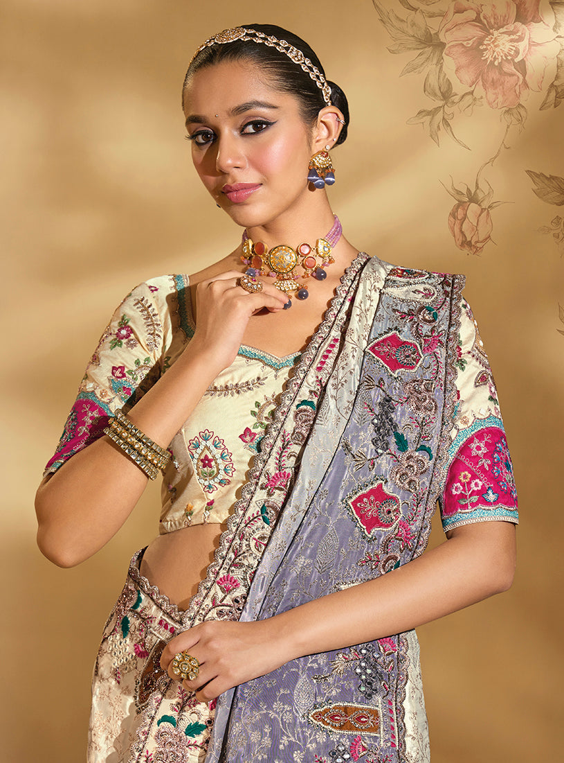 Monjolika Fashion Surpassing Multicolor Embroidery Cut Dana Moti Work Crepe Silk Saree With Heavy Work Blouse Piece | Grocsy