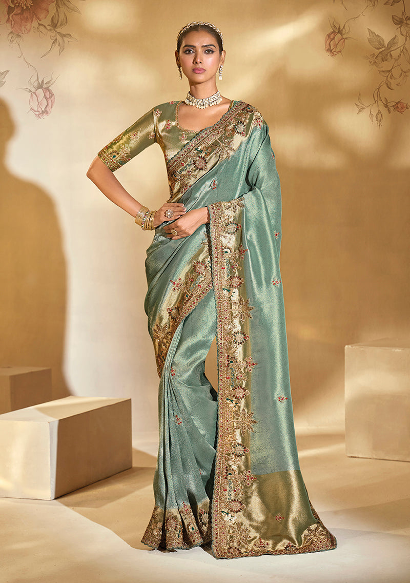 Monjolika Fashion Surpassing Sea Green Embroidery Cut Dana Moti Work Crepe Silk Saree With Heavy Work Blouse Piece | Grocsy