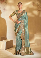 Monjolika Fashion Surpassing Sea Green Embroidery Cut Dana Moti Work Crepe Silk Saree With Heavy Work Blouse Piece | Grocsy