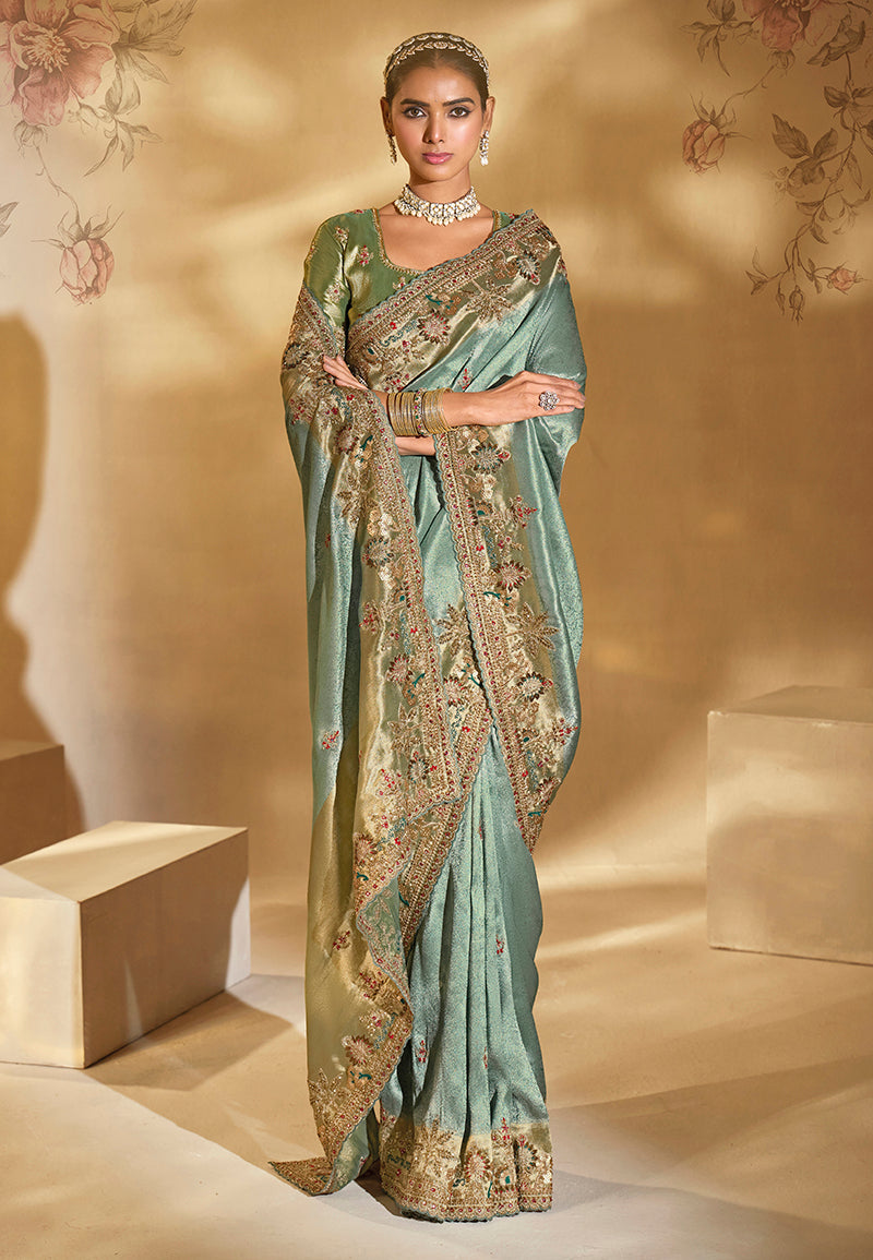 Monjolika Fashion Surpassing Sea Green Embroidery Cut Dana Moti Work Crepe Silk Saree With Heavy Work Blouse Piece | Grocsy