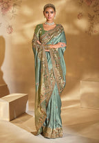 Monjolika Fashion Surpassing Sea Green Embroidery Cut Dana Moti Work Crepe Silk Saree With Heavy Work Blouse Piece | Grocsy