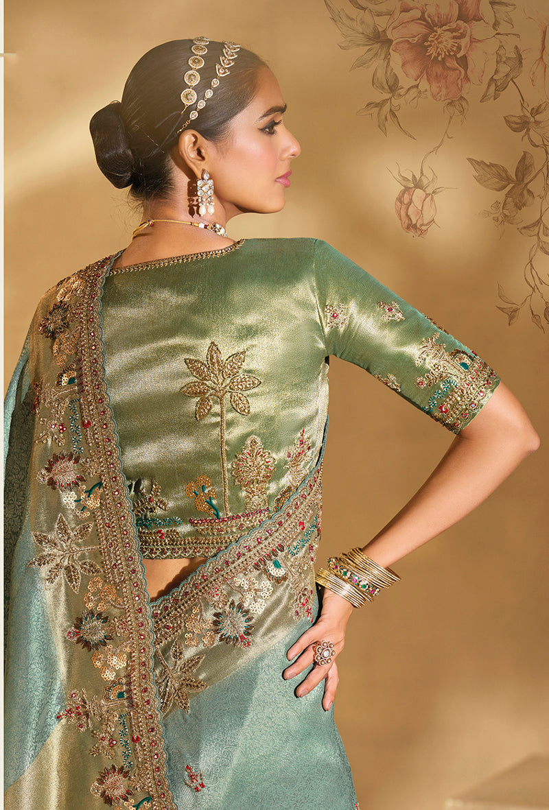 Monjolika Fashion Surpassing Sea Green Embroidery Cut Dana Moti Work Crepe Silk Saree With Heavy Work Blouse Piece | Grocsy