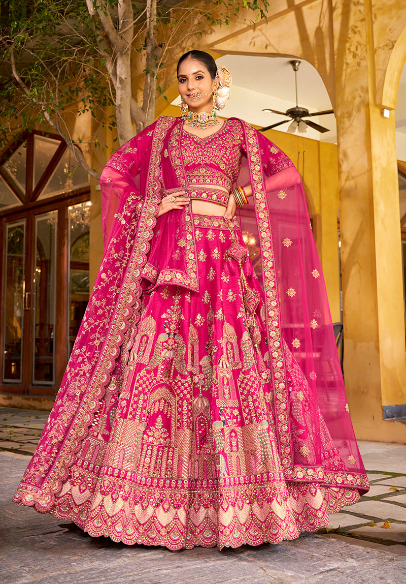 Monjolika Fashion Rani Pink Heavy Zarkan Diamond & Mirror Hand Embroidery Silk Bridal Lehenga Choli With Double Dupatta | Grocsy