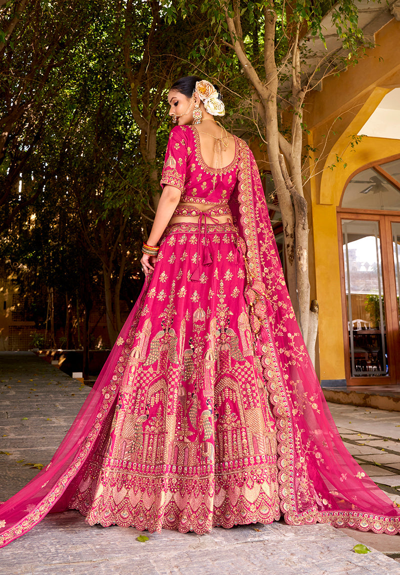 Monjolika Fashion Rani Pink Heavy Zarkan Diamond & Mirror Hand Embroidery Silk Bridal Lehenga Choli With Double Dupatta | Grocsy
