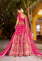 Monjolika Fashion Rani Pink Heavy Zarkan Diamond & Mirror Hand Embroidery Silk Bridal Lehenga Choli With Double Dupatta | Grocsy