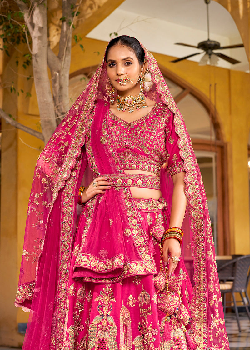 Monjolika Fashion Rani Pink Heavy Zarkan Diamond & Mirror Hand Embroidery Silk Bridal Lehenga Choli With Double Dupatta | Grocsy