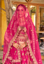 Monjolika Fashion Rani Pink Heavy Zarkan Diamond & Mirror Hand Embroidery Silk Bridal Lehenga Choli With Double Dupatta | Grocsy