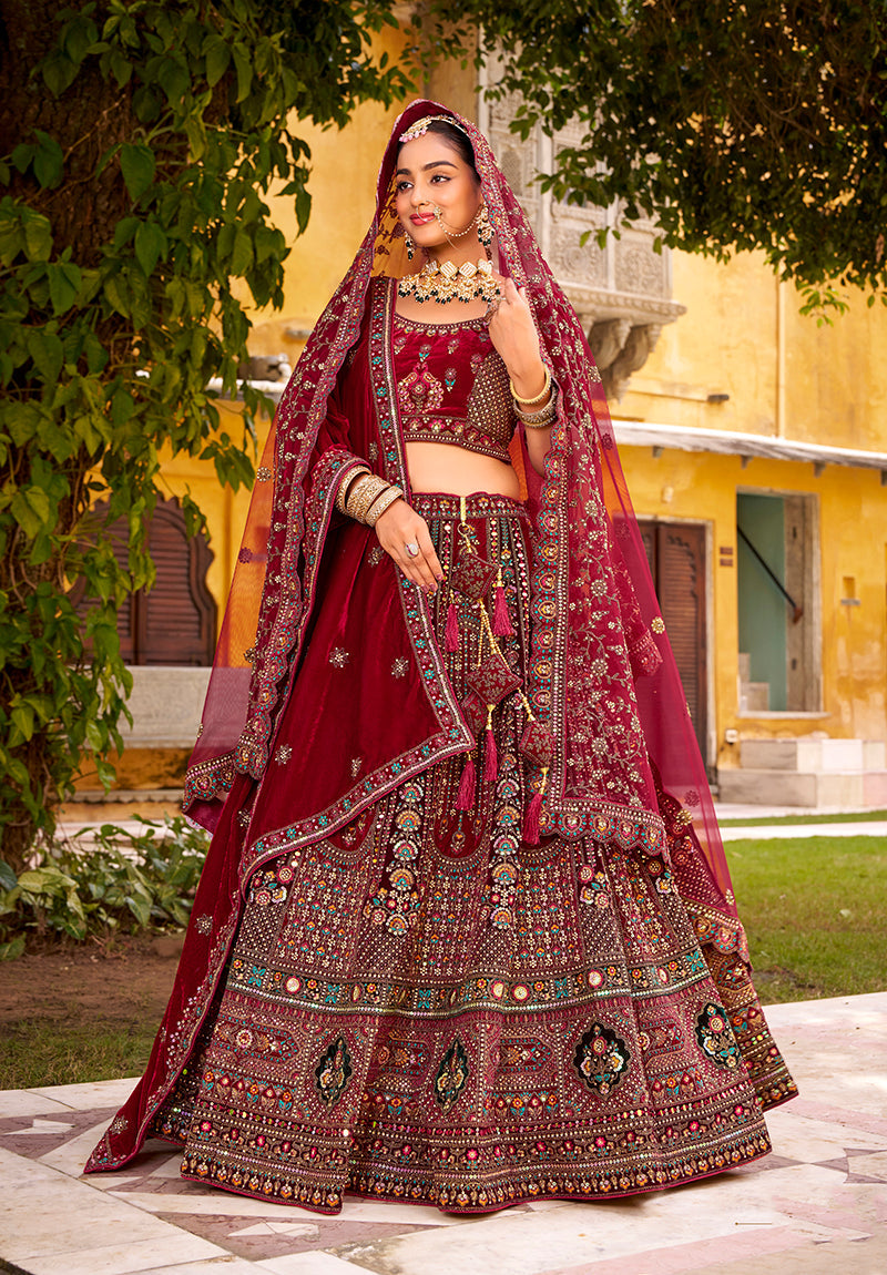 Monjolika Fashion Maroon Heavy Zarkan Diamond & Mirror Hand Embroidery Velvet Bridal Lehenga Choli With Double Dupatta | Grocsy