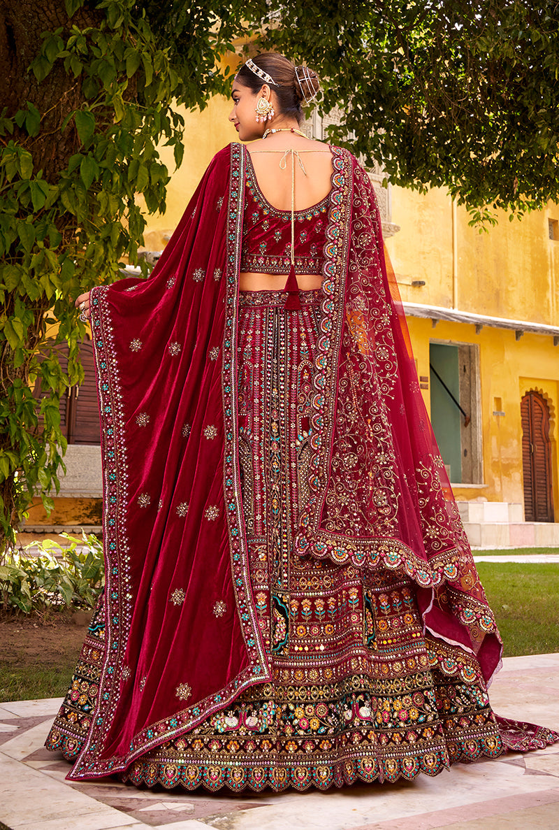 Monjolika Fashion Maroon Heavy Zarkan Diamond & Mirror Hand Embroidery Velvet Bridal Lehenga Choli With Double Dupatta | Grocsy