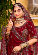 Monjolika Fashion Maroon Heavy Zarkan Diamond & Mirror Hand Embroidery Velvet Bridal Lehenga Choli With Double Dupatta | Grocsy