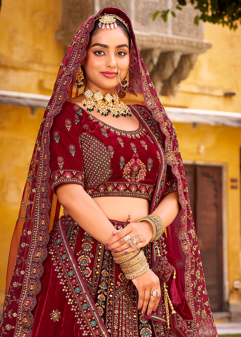 Monjolika Fashion Maroon Heavy Zarkan Diamond & Mirror Hand Embroidery Velvet Bridal Lehenga Choli With Double Dupatta | Grocsy