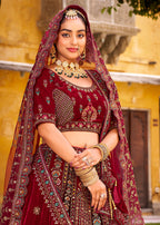 Monjolika Fashion Maroon Heavy Zarkan Diamond & Mirror Hand Embroidery Velvet Bridal Lehenga Choli With Double Dupatta | Grocsy