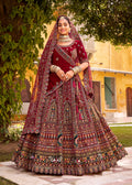 Monjolika Fashion Maroon Heavy Zarkan Diamond & Mirror Hand Embroidery Velvet Bridal Lehenga Choli With Double Dupatta | Grocsy