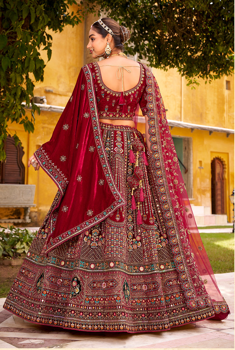 Monjolika Fashion Maroon Heavy Zarkan Diamond & Mirror Hand Embroidery Velvet Bridal Lehenga Choli With Double Dupatta | Grocsy