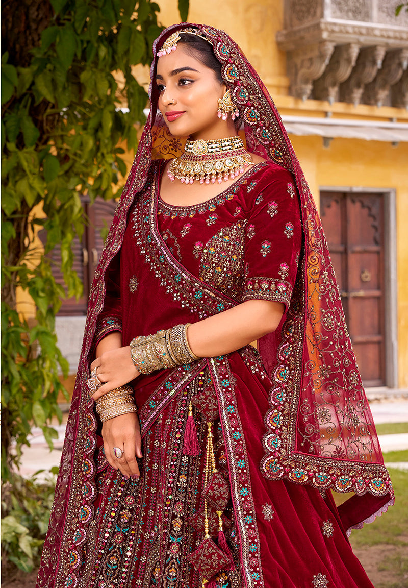 Monjolika Fashion Maroon Heavy Zarkan Diamond & Mirror Hand Embroidery Velvet Bridal Lehenga Choli With Double Dupatta | Grocsy