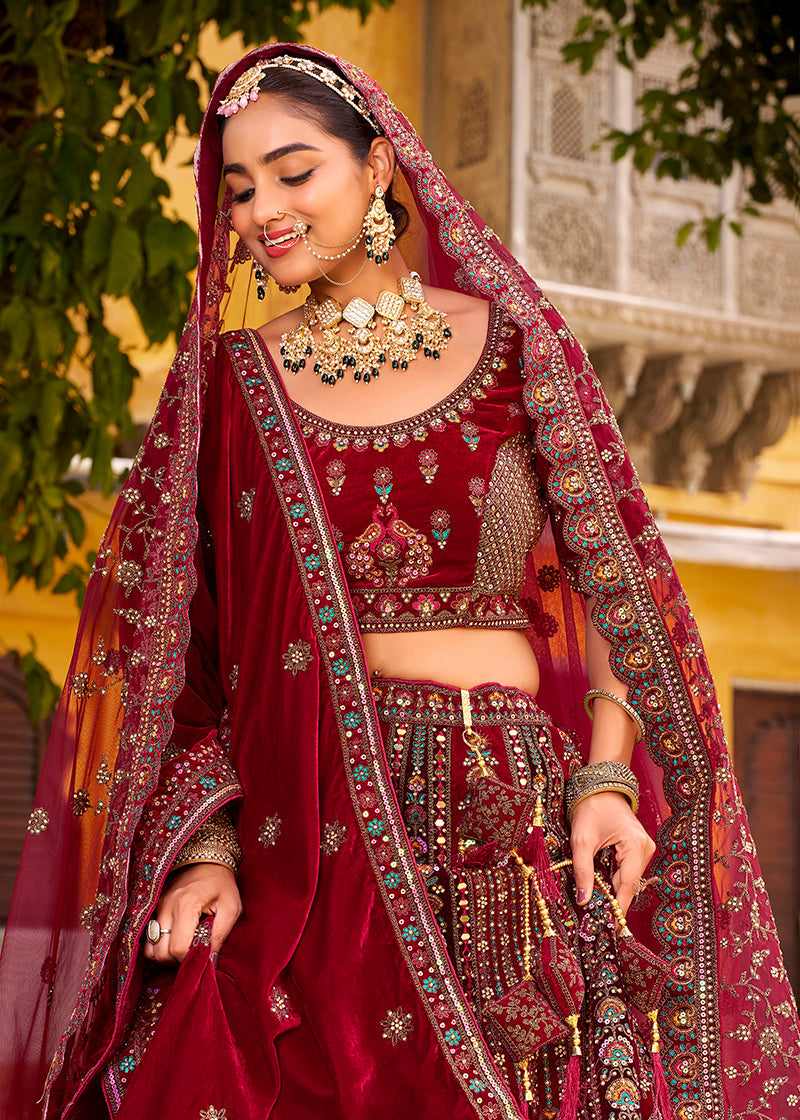 Monjolika Fashion Maroon Heavy Zarkan Diamond & Mirror Hand Embroidery Velvet Bridal Lehenga Choli With Double Dupatta | Grocsy