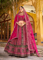 Monjolika Fashion Rani Pink Heavy Zarkan Diamond & Mirror Hand Embroidery Velvet Bridal Lehenga Choli With Double Dupatta | Grocsy