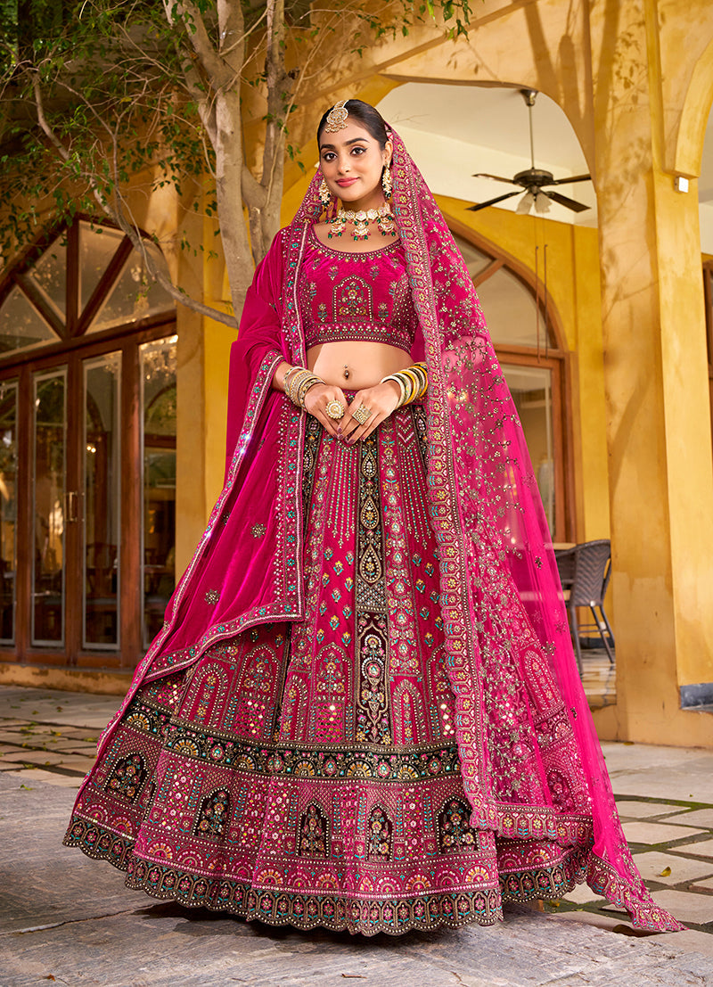 Monjolika Fashion Rani Pink Heavy Zarkan Diamond & Mirror Hand Embroidery Velvet Bridal Lehenga Choli With Double Dupatta | Grocsy