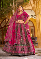 Monjolika Fashion Rani Pink Heavy Zarkan Diamond & Mirror Hand Embroidery Velvet Bridal Lehenga Choli With Double Dupatta | Grocsy