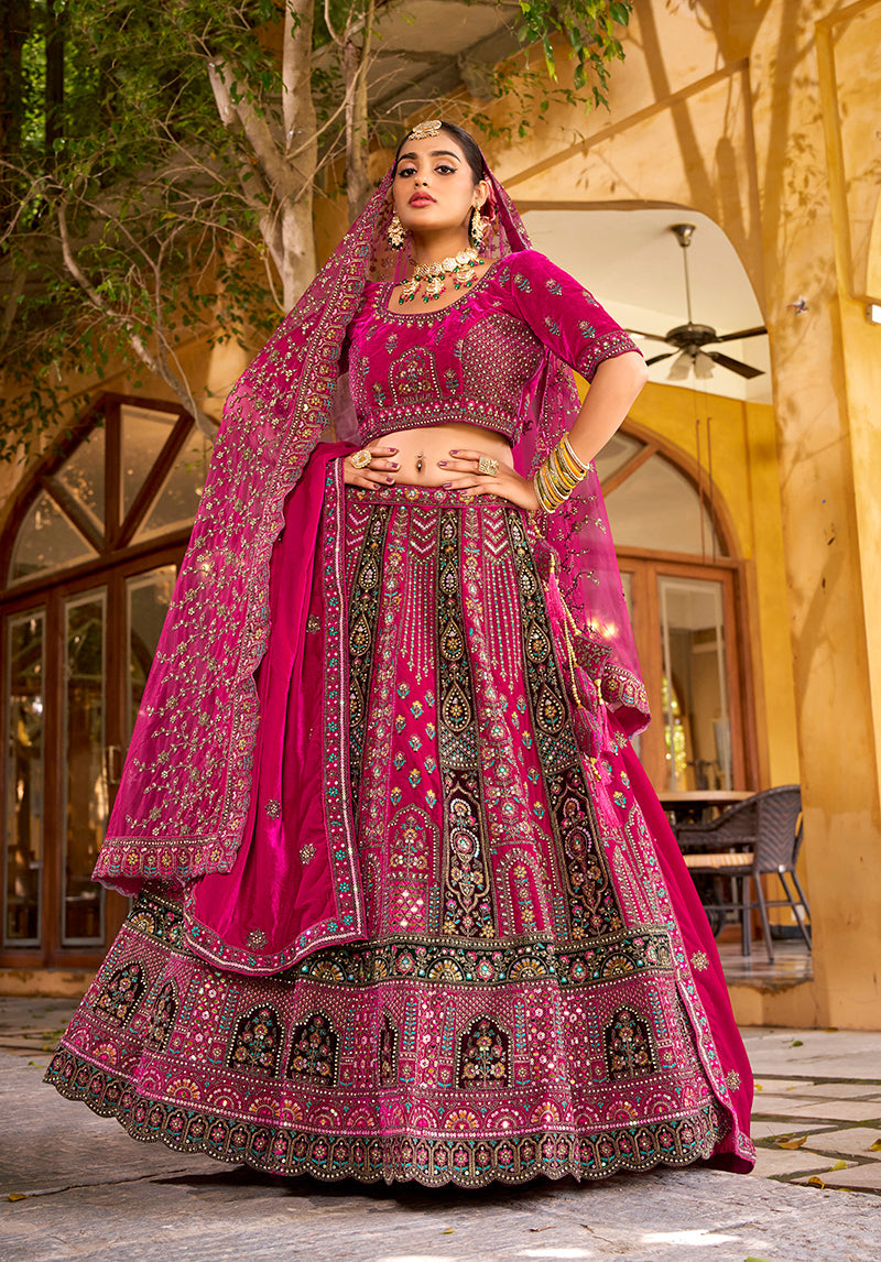 Monjolika Fashion Rani Pink Heavy Zarkan Diamond & Mirror Hand Embroidery Velvet Bridal Lehenga Choli With Double Dupatta | Grocsy