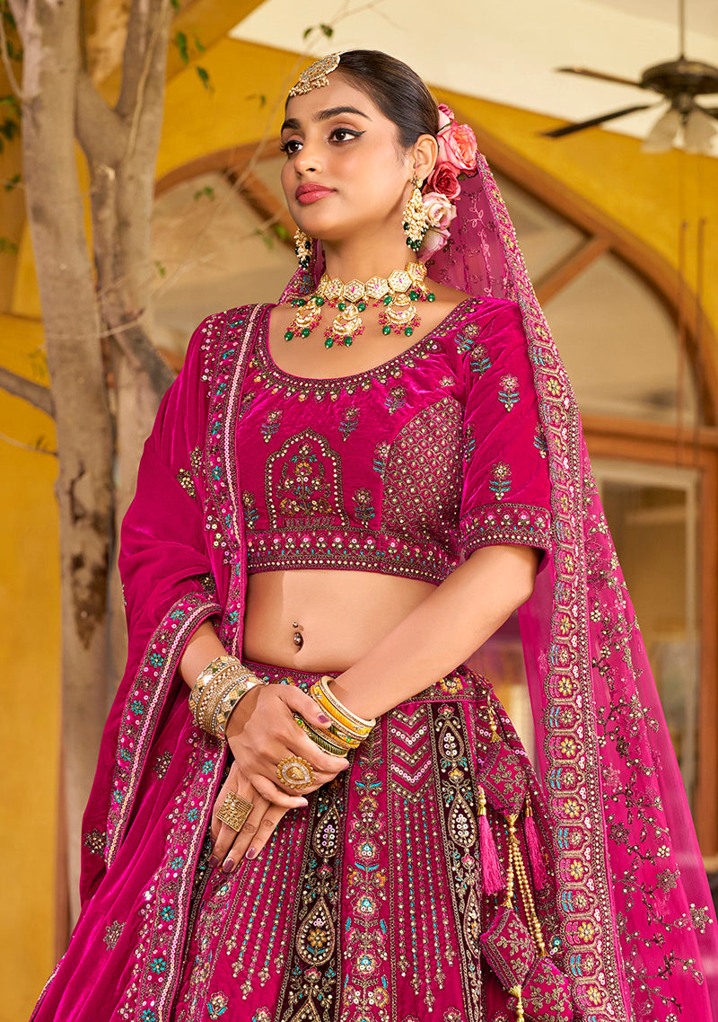 Monjolika Fashion Rani Pink Heavy Zarkan Diamond & Mirror Hand Embroidery Velvet Bridal Lehenga Choli With Double Dupatta | Grocsy