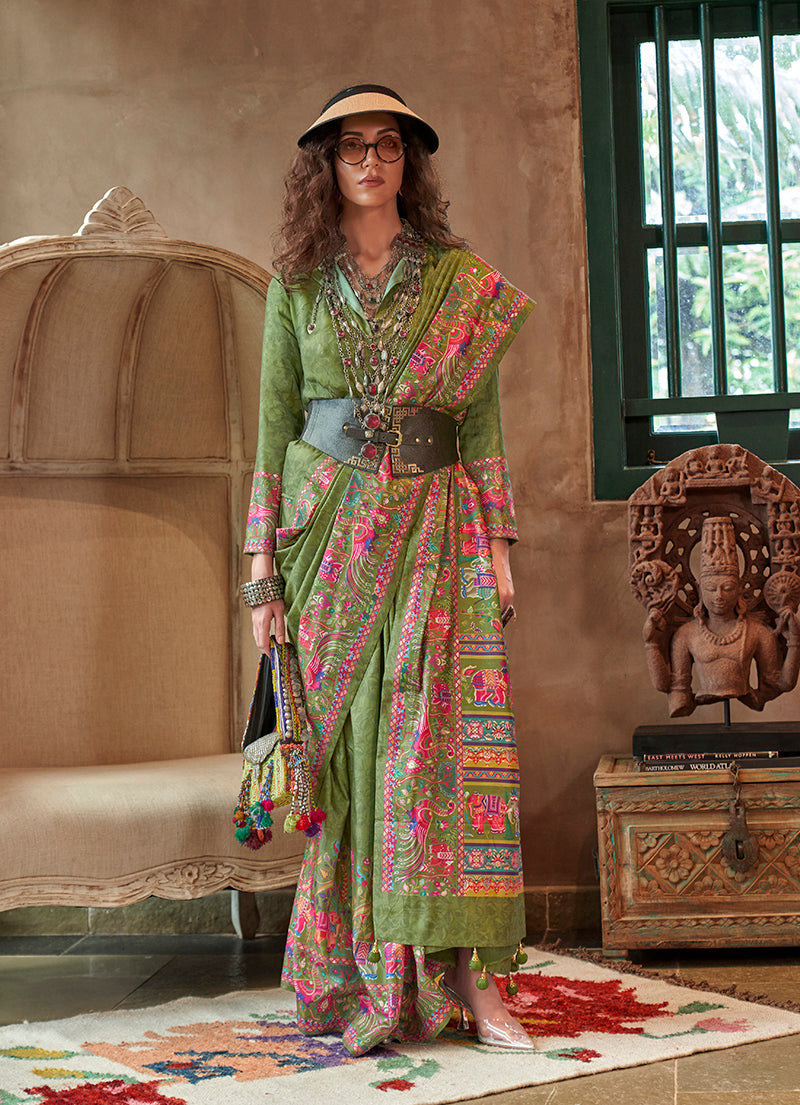 Monjolika Fashion Green Silk Blend Printed Ceremonial Saree | Grocsy