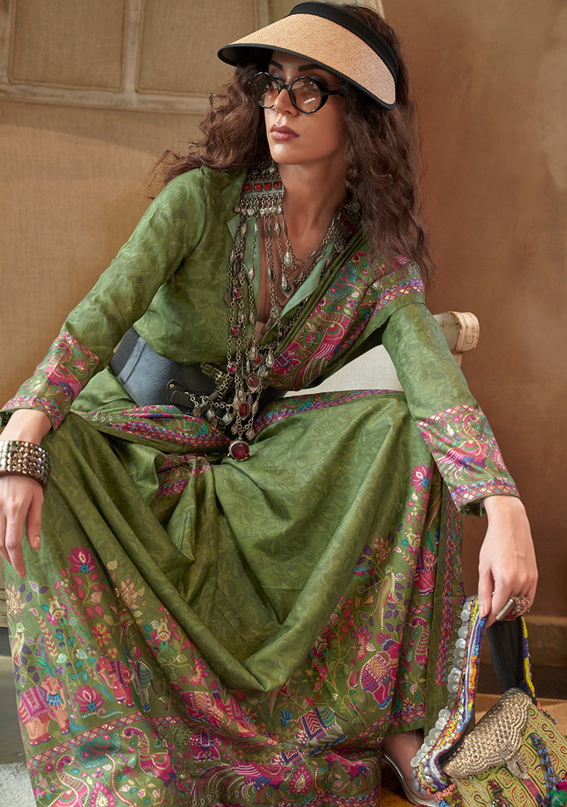 Monjolika Fashion Green Silk Blend Printed Ceremonial Saree | Grocsy