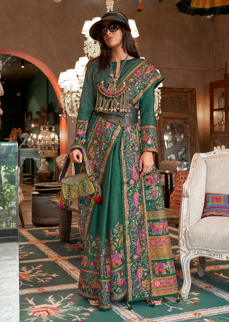 Monjolika Fashion Dark Green Silk Blend Printed Ceremonial Saree | Grocsy