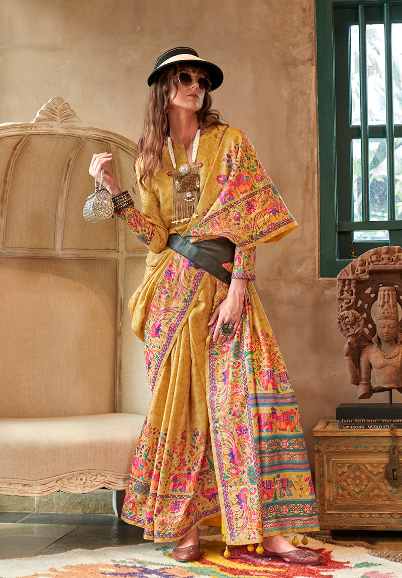 Monjolika Fashion Mustard Silk Blend Printed Ceremonial Saree | Grocsy