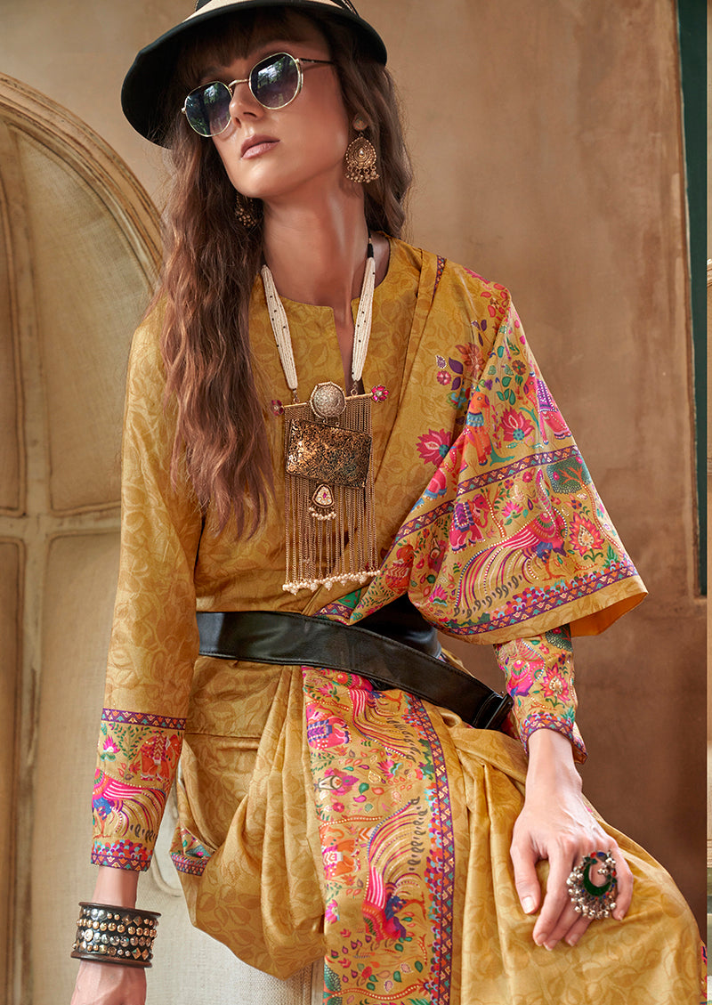 Monjolika Fashion Mustard Silk Blend Printed Ceremonial Saree | Grocsy