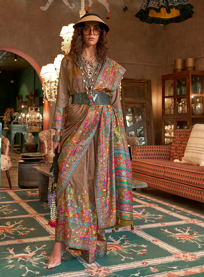 Monjolika Fashion Brown Silk Blend Printed Ceremonial Saree | Grocsy