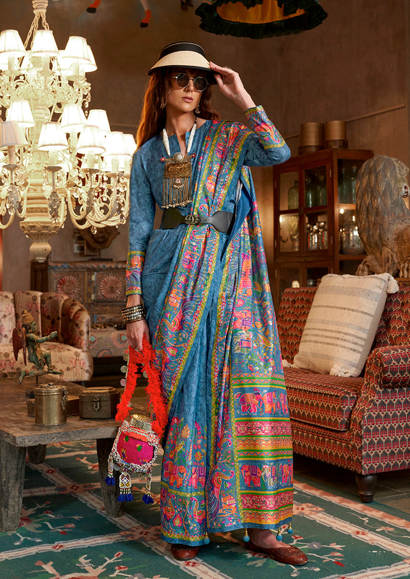 Monjolika Fashion Aqua Blue Silk Blend Printed Ceremonial Saree | Grocsy