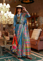 Monjolika Fashion Aqua Blue Silk Blend Printed Ceremonial Saree | Grocsy