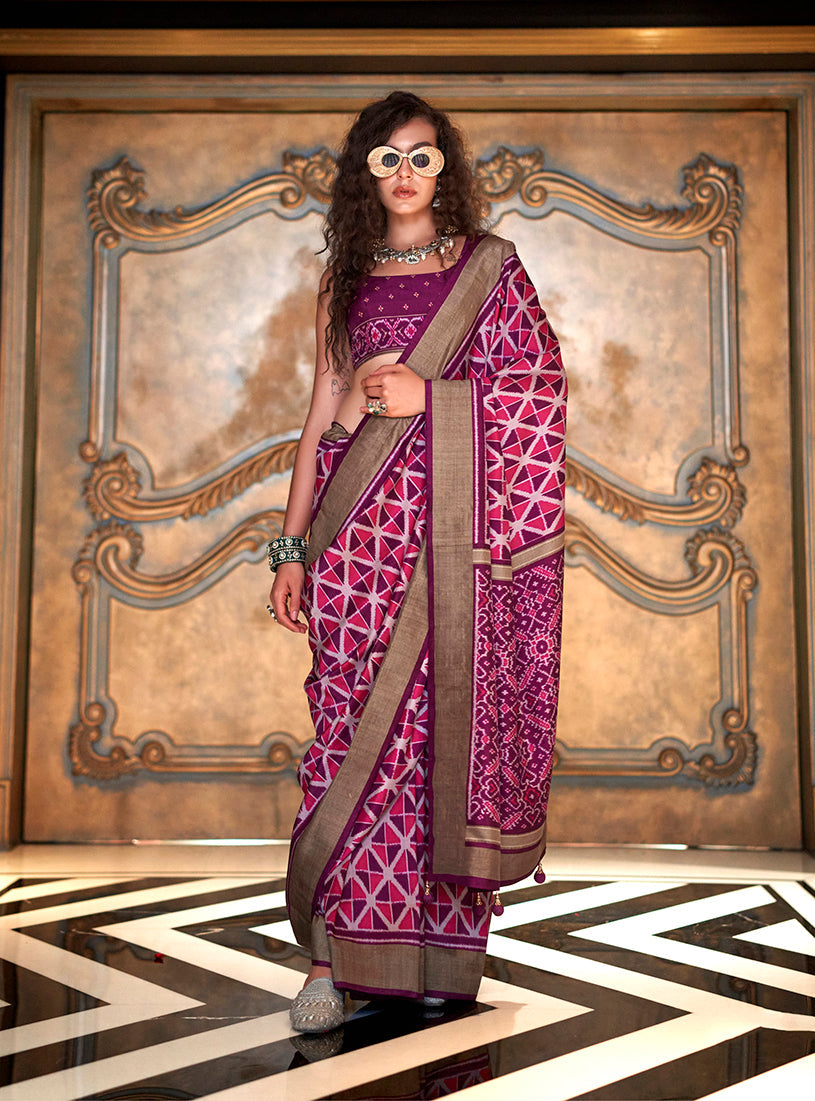 Monjolika Fashion Magenta Double Ikkat Silk Blend Foil Printed Saree | Grocsy