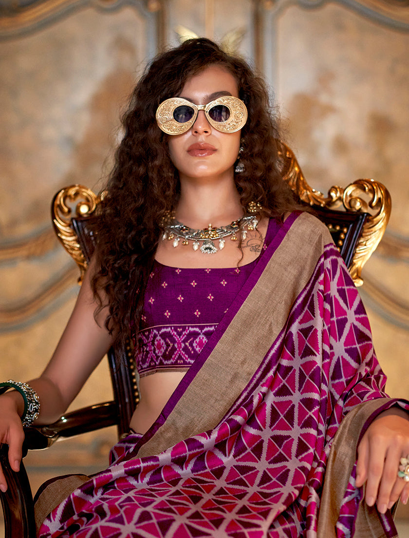 Monjolika Fashion Magenta Double Ikkat Silk Blend Foil Printed Saree | Grocsy