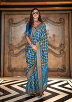 Monjolika Fashion Aqua Blue Double Ikkat Silk Blend Foil Printed Saree | Grocsy
