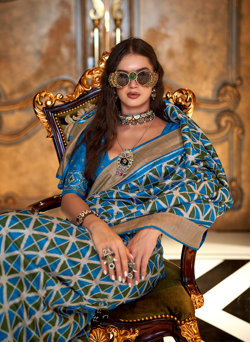 Monjolika Fashion Aqua Blue Double Ikkat Silk Blend Foil Printed Saree | Grocsy