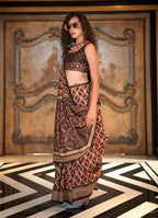Monjolika Fashion Brown Double Ikkat Silk Blend Foil Printed Saree | Grocsy
