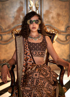 Monjolika Fashion Brown Double Ikkat Silk Blend Foil Printed Saree | Grocsy