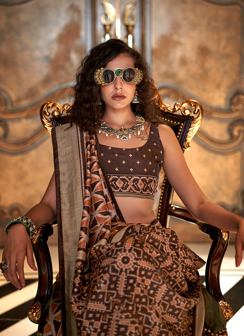 Monjolika Fashion Brown Double Ikkat Silk Blend Foil Printed Saree | Grocsy