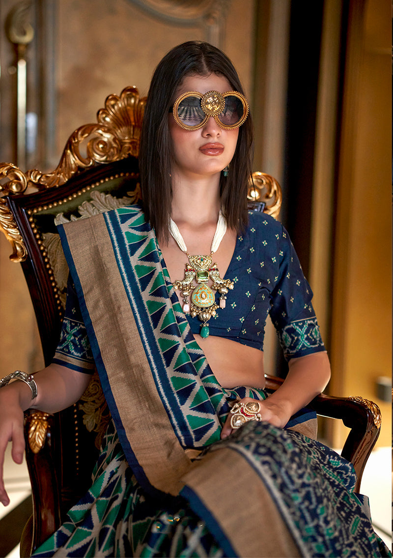 Monjolika Fashion Teal Double Ikkat Silk Blend Foil Printed Saree | Grocsy
