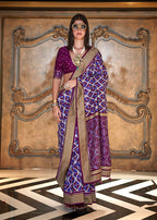 Monjolika Fashion Purple Double Ikkat Silk Blend Foil Printed Saree | Grocsy