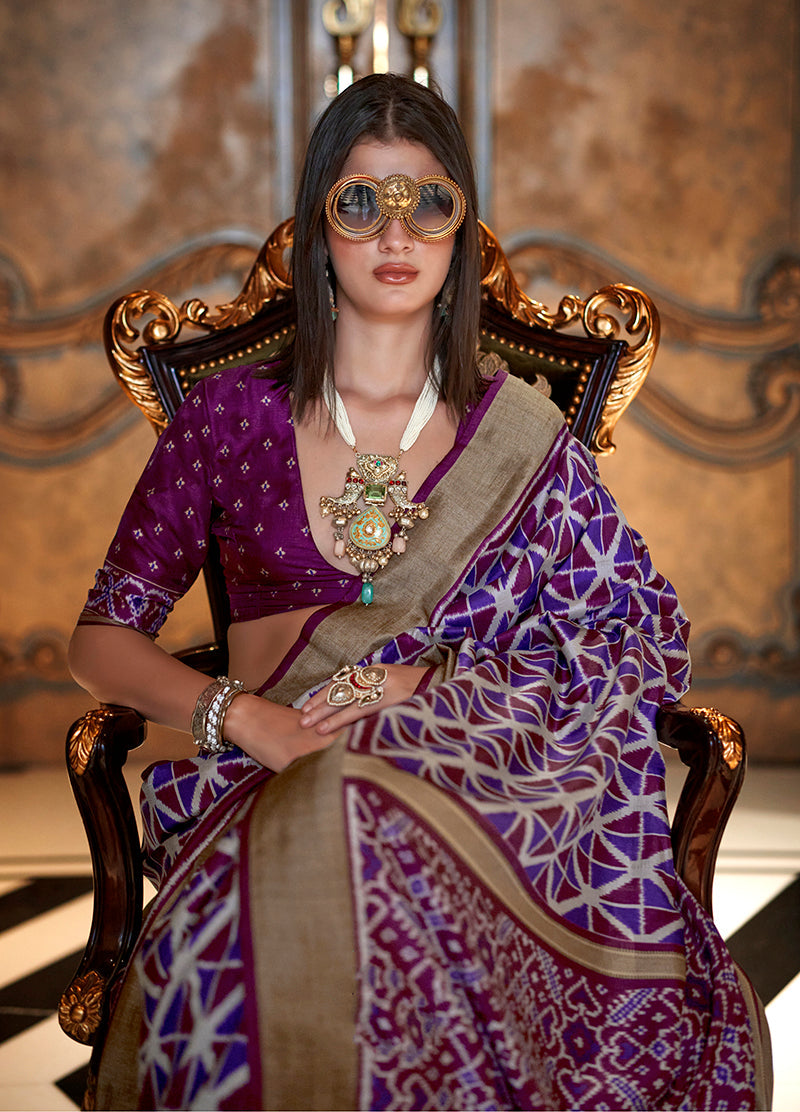 Monjolika Fashion Purple Double Ikkat Silk Blend Foil Printed Saree | Grocsy