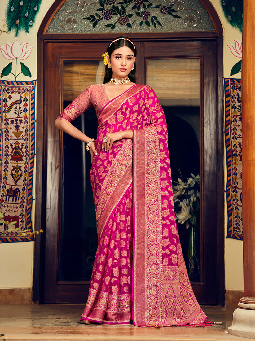 Monjolika Fashion Rani Pink Georgette With Weaving Buta Border Pallu Classic Saree | Grocsy