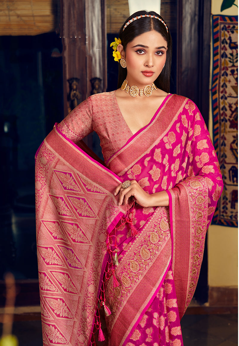 Monjolika Fashion Rani Pink Georgette With Weaving Buta Border Pallu Classic Saree | Grocsy